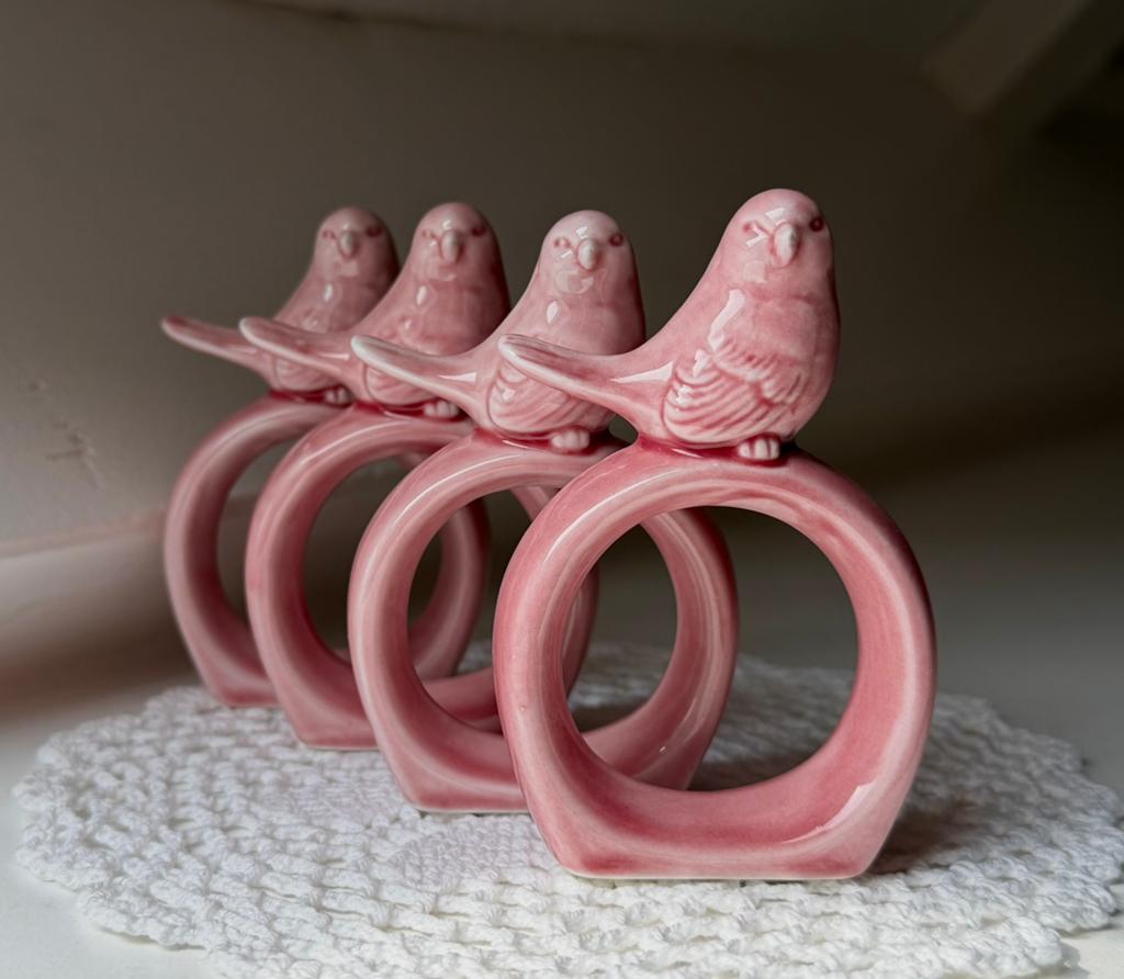 Vintage roze keramieken servetringen met vogeltje set van 4, Keramiek, Overige typen, Ophalen of Verzenden, Zo goed als nieuw