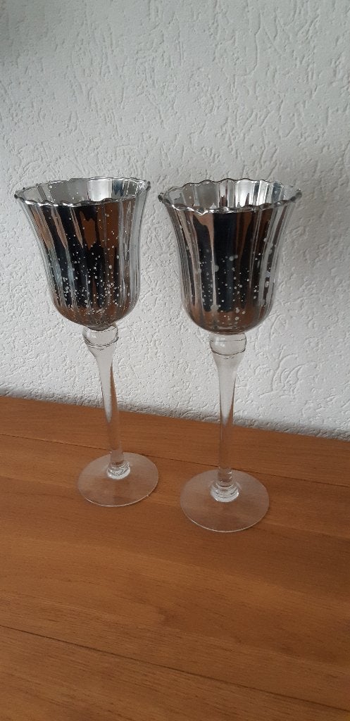 2 glazen windlichten op voet, Ophalen, Windlicht, 35 cm, Zilver