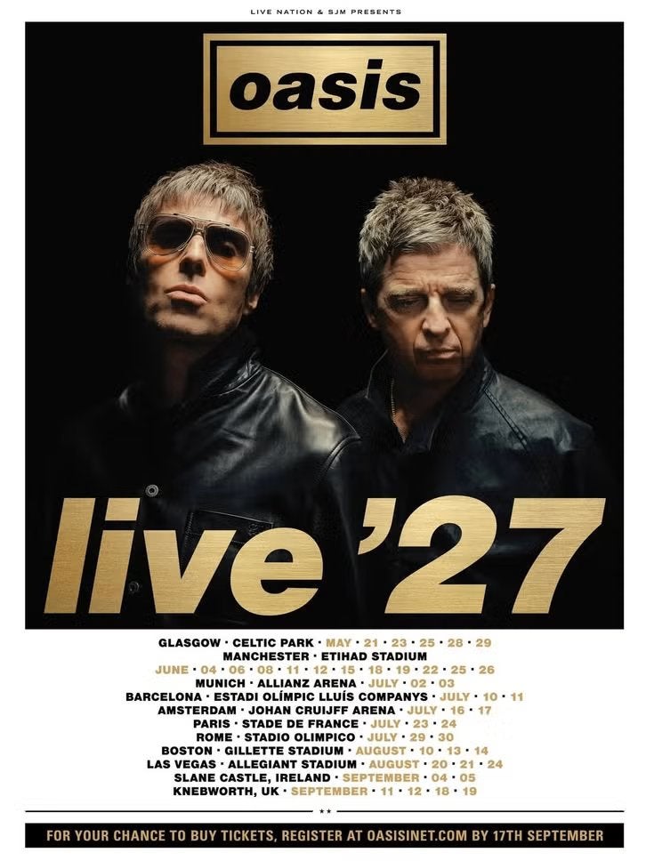 3x Oasis tickets –17 juli 2027- Front GA (voorste staanvak), Drie personen of meer, Juli