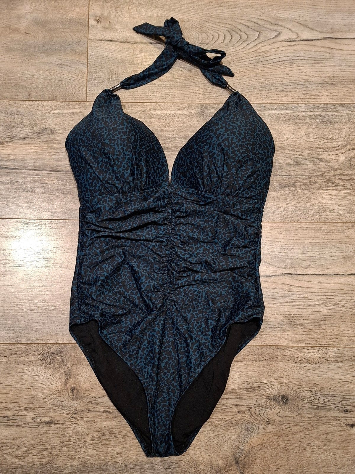 Badpak maat 46, blauw met zwarte print, weinig gedragen, Ophalen of Verzenden, Zo goed als nieuw, Blauw, Badpak