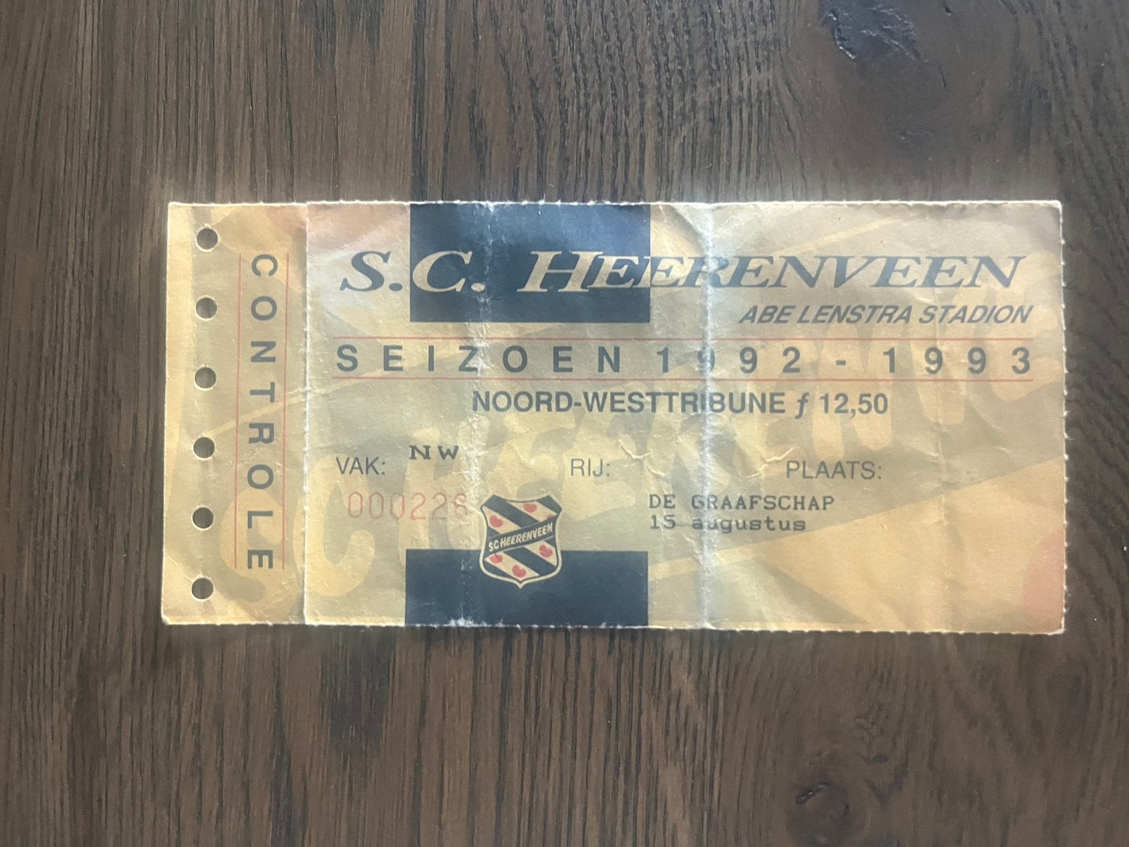 TICKET HEERENVEEN-DE GRAAFSCHAP 92/93, Verzamelen, Ophalen of Verzenden, Zo goed als nieuw, Overige binnenlandse clubs, Overige typen