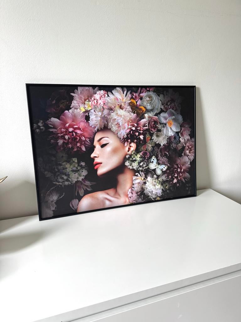 Poster met lijst - Vrouw met bloemen, Ophalen, Zo goed als nieuw, Schilderij, Minder dan 50 cm