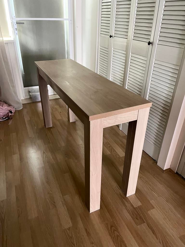 Stijlvolle bijzettafel / haltafel in goede staat, Ophalen, Gebruikt, 100 tot 150 cm, Overige houtsoorten