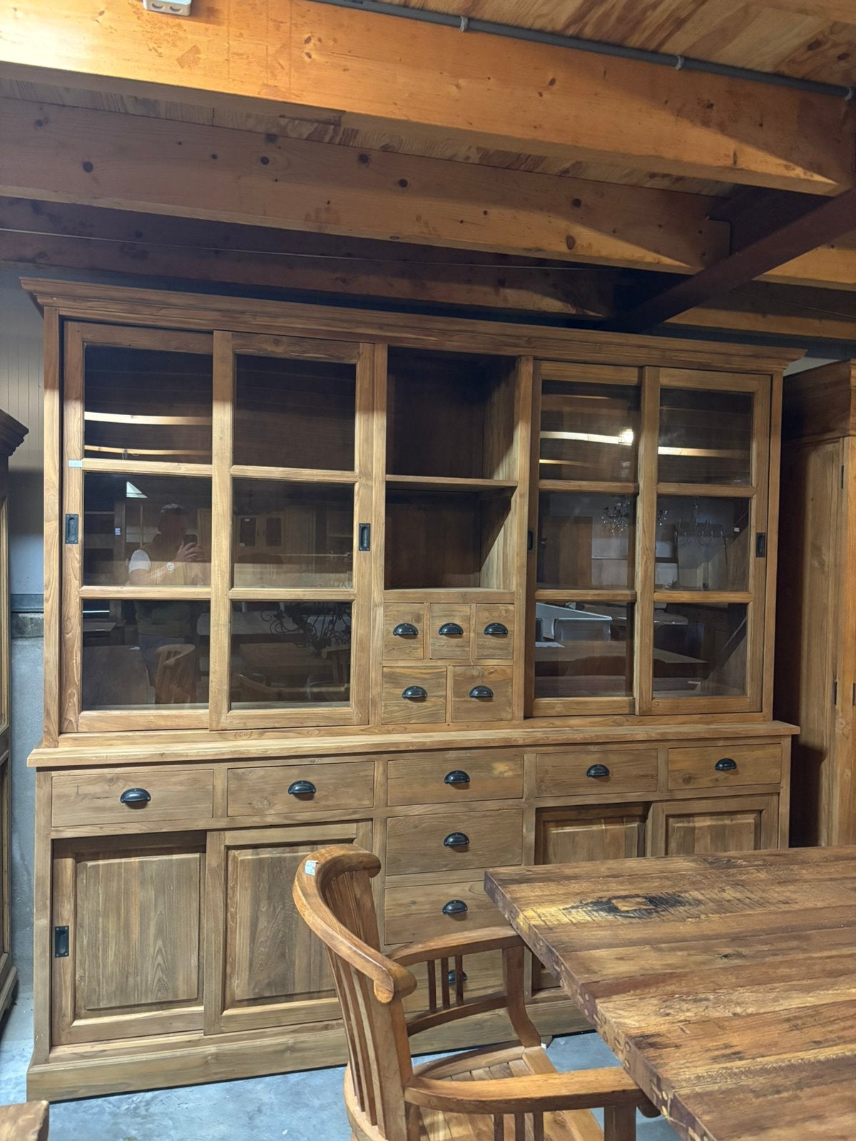 Vitrinekast Grote wandkast schuifdeuren en laden teak hout, Ophalen, 200 cm of meer, Teakhout, Hoevesteenwijkerwold@gmail.com