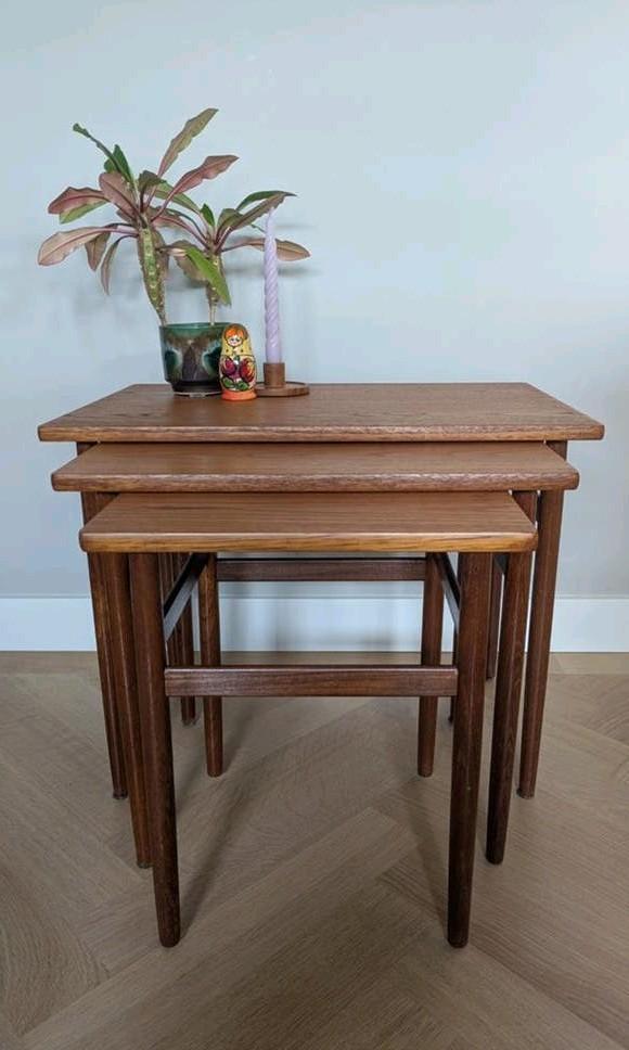 Vintage teakhouten bijzettafels jaren 60 Kai Kristiansen, Huis en Inrichting, Tafels | Bijzettafels, Gebruikt, 55 tot 75 cm, Mid-Century Modern, Vintage