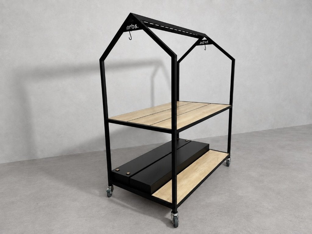 Horeca / eventkar mobiel, zwart staal, verwisselbare planken, Ophalen, -, -, Meubilair