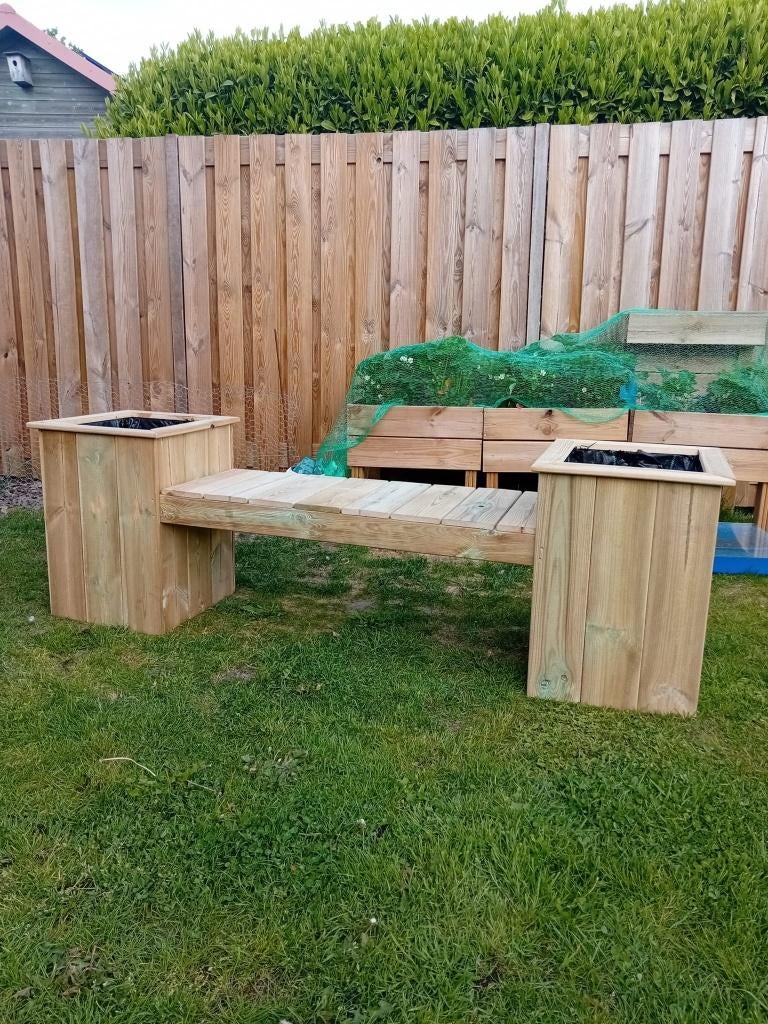 Houttan Tuinbank met geïntegreerde plantenbakken, Ophalen, 100 cm of meer, Nieuw, Balkon