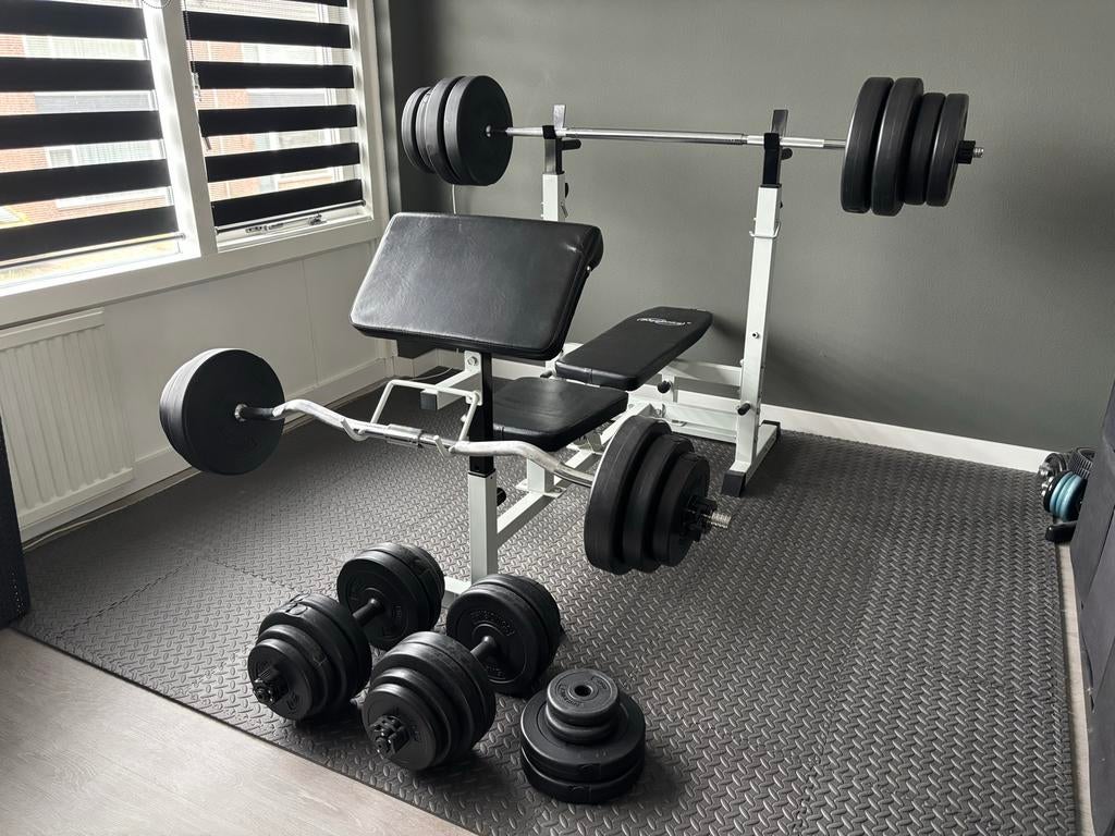 Multifunctionele Fitnessbank-halterbank met 112kg halterset, Ophalen, Gebruikt, Rug, Fitnessbank