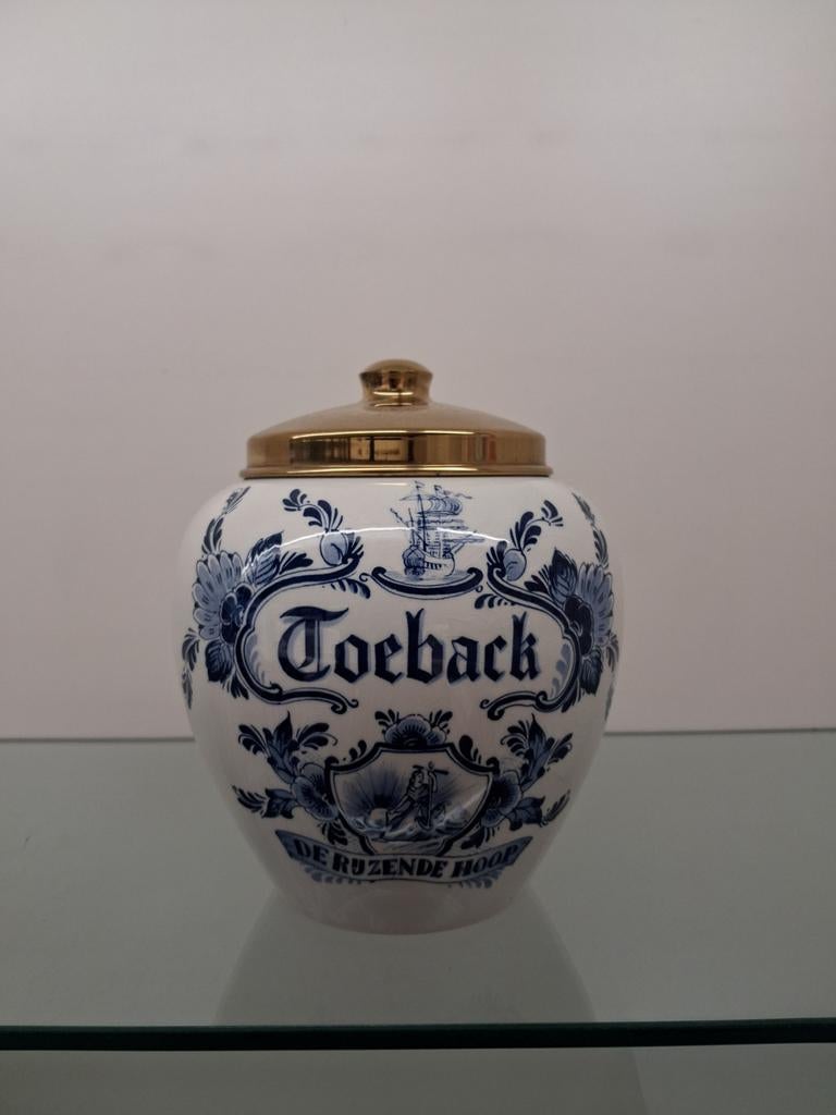 Delfts blauwe tabakspot met koperen deksel, Ophalen of Verzenden