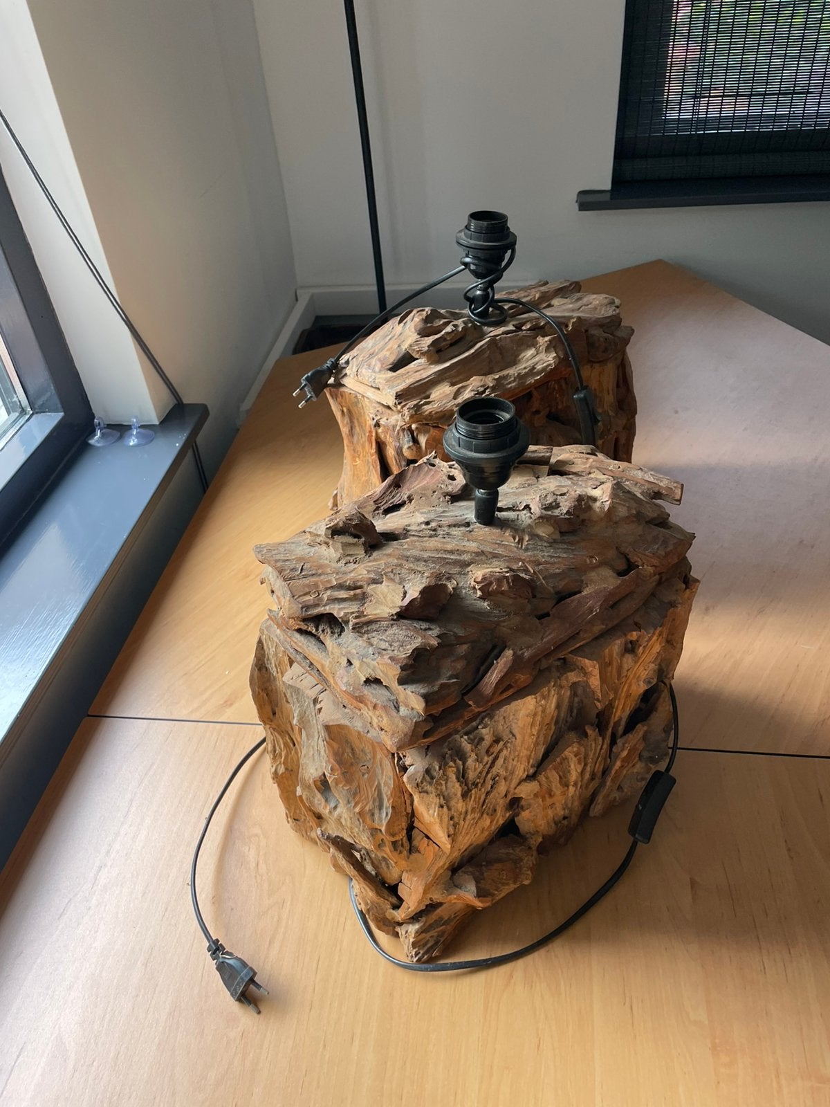 3 lampen ruw hout zonder kap, Ophalen, Hout