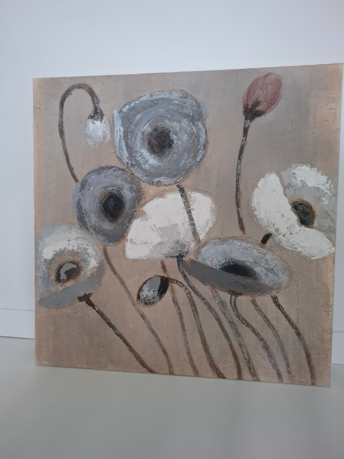 Wanddecoratie Bloemen Beige Grijs 100x100cm, Schilderij, Textiel, Zo goed als nieuw, Met ophangsysteem