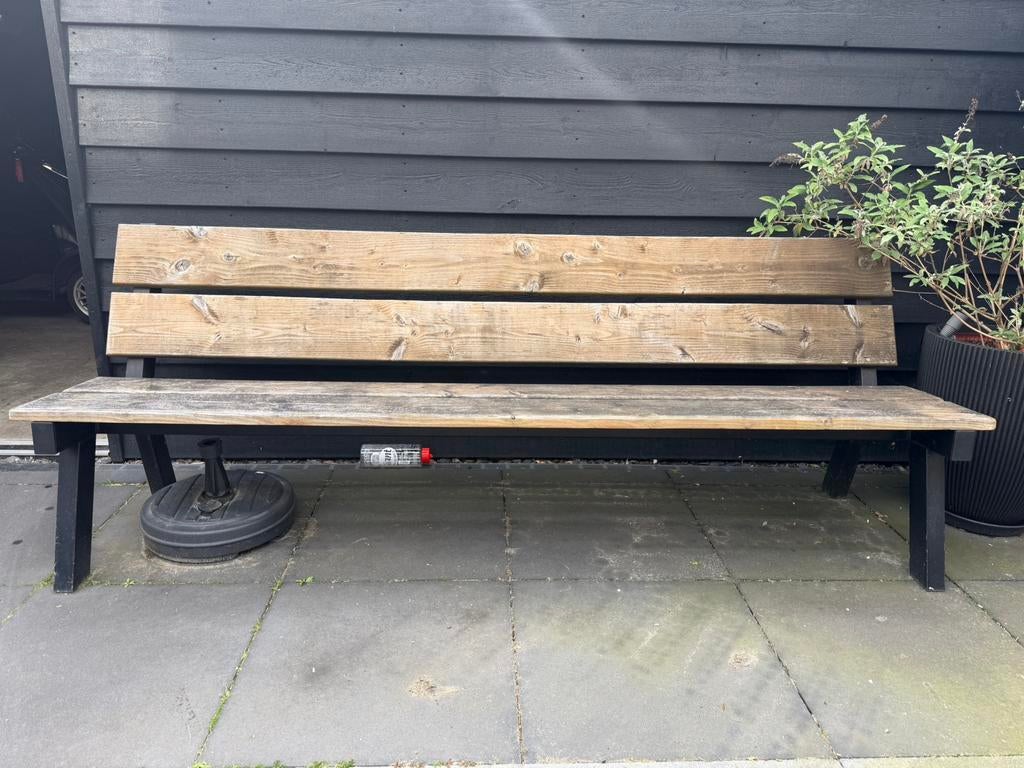 Tuinbank 2,40 meter lang (hardhout + gegalvaniseerd staal), Tuin en Terras, Ophalen, Gebruikt, Hout
