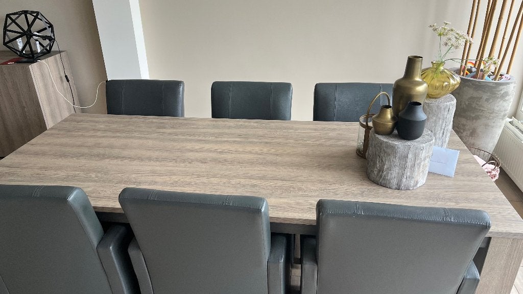 Complete eetkamerset: Dressoir, Tafel met 6 stoelen en Bank, Ophalen, Gebruikt, 200 cm of meer, Minder dan 100 cm