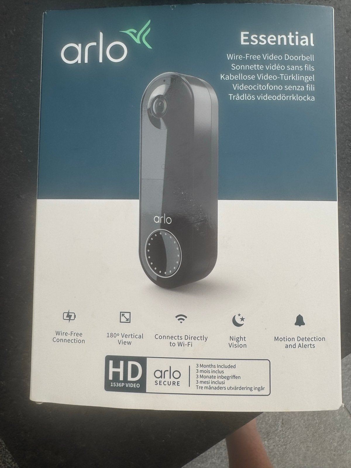 Arlo Essential Draadloze Video Deurbel - HD 1536P, Ophalen, Bewegingsdetectiesensor, Gebruikt, Draadloos