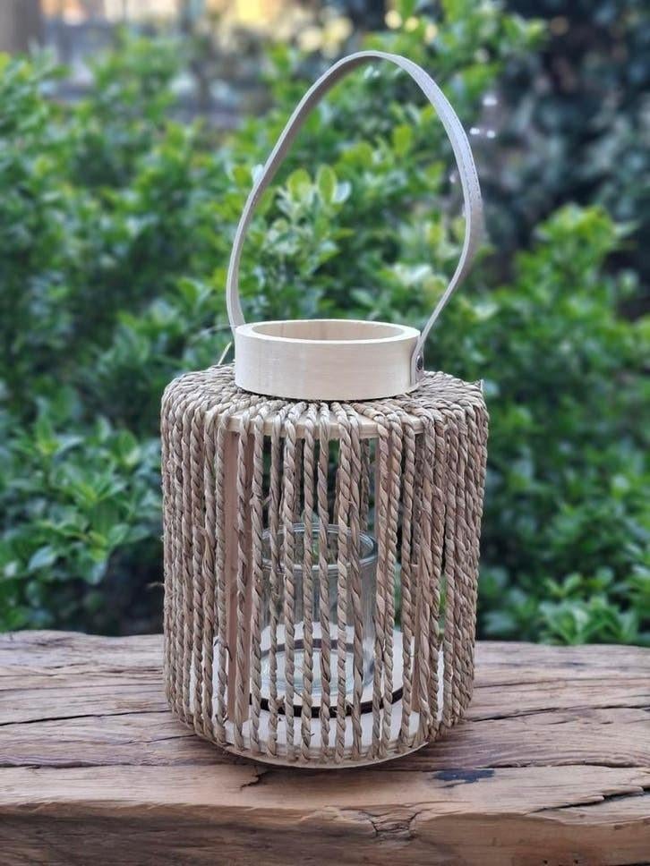 Ibiza lantaarn zeegras Boho lantern seagrass H22 Windlicht, Overige materialen, Beige, Nieuw, Ophalen of Verzenden