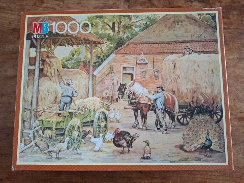 MB Puzzel 1000 stukjes - Jetses - "De laatste hooivracht", Hobby en Vrije tijd, Ophalen of Verzenden, 500 t/m 1500 stukjes, Gebruikt