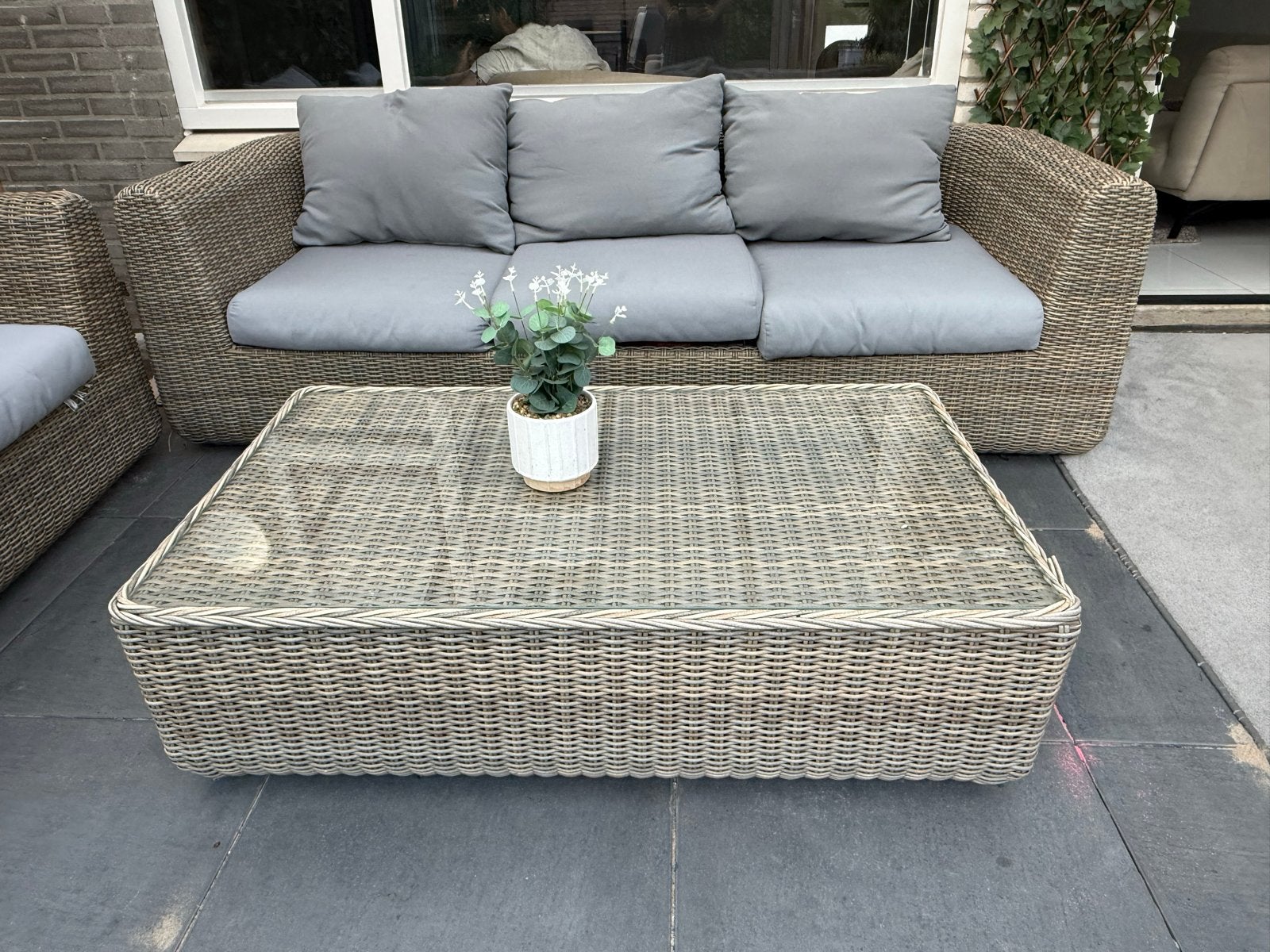 Wicker Loungeset met 3-zits bank en 2 fauteuils, Ophalen, 5 zitplaatsen, Zo goed als nieuw, Loungeset