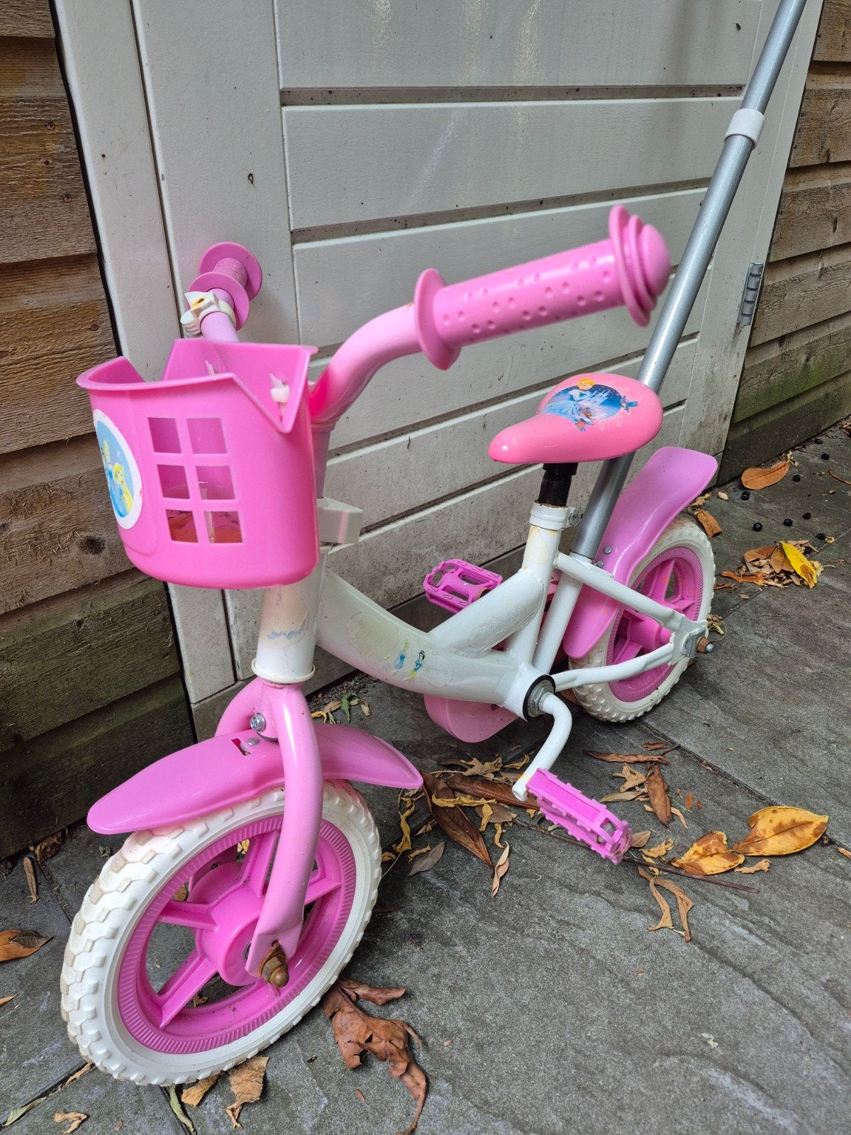 Kinderfiets 10 inch met zijwielen en duwstang, Ophalen, Gebruikt, Minder dan 16 inch, Zijwieltjes