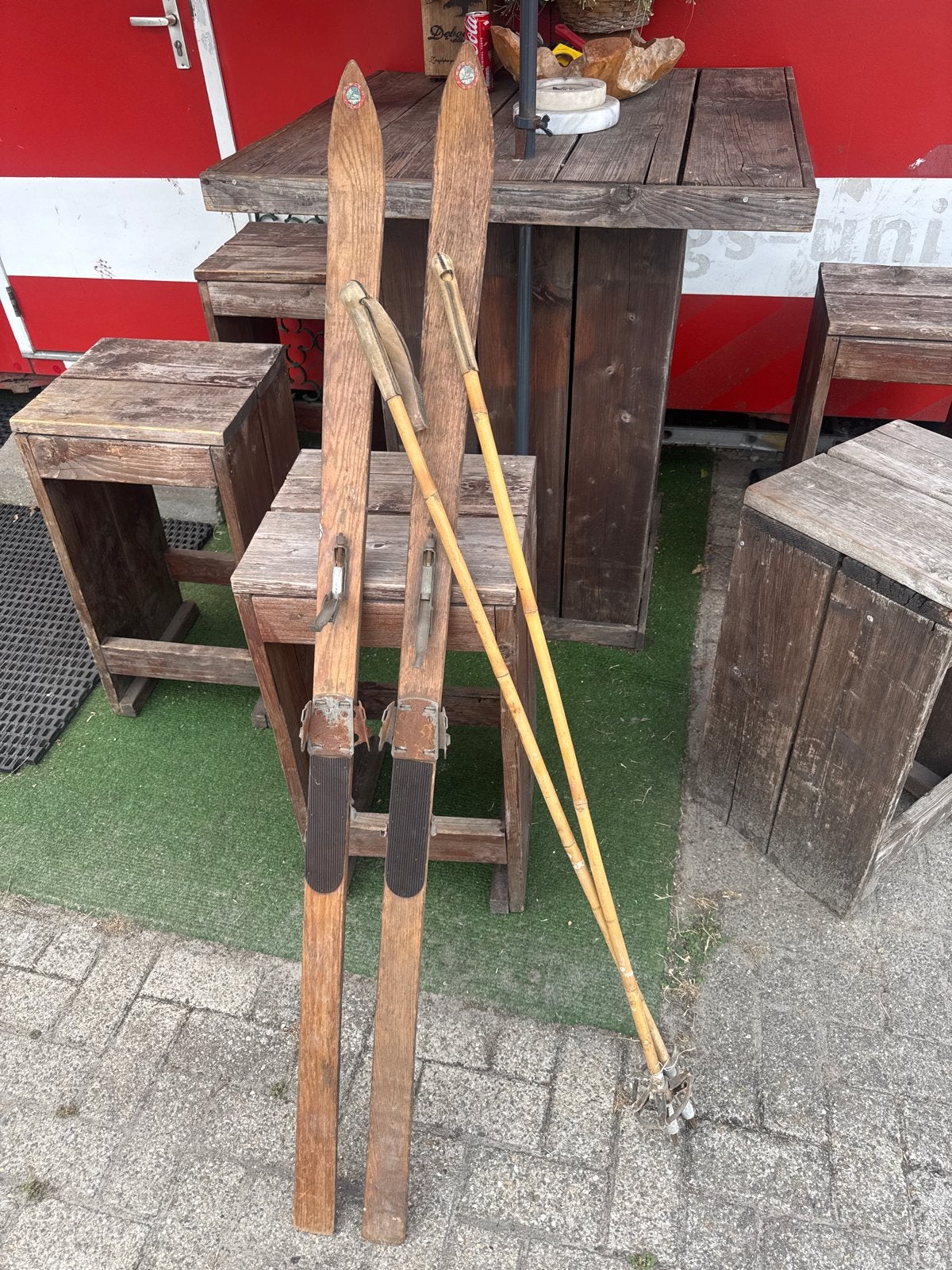Vintage Houten Ski's met Bamboe Stokken - Decoratie, Ophalen