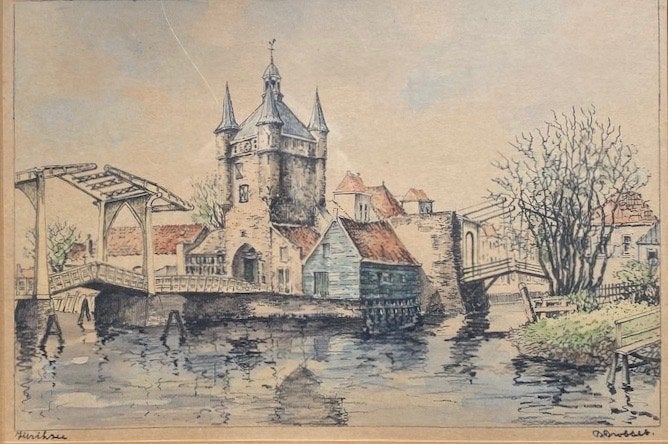 Stadsgezicht Zierikzee, tekening van Bob Brobbel (1907-1971), Antiek en Kunst, Ophalen