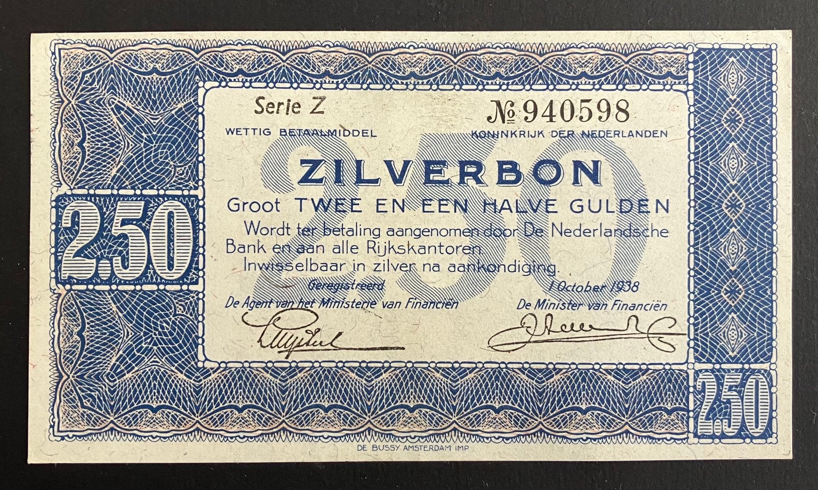 2 1/2 gulden zilverbon 1938 Wilhelmina UNC - serie 1 letter, Verzenden, 2½ gulden, Los biljet