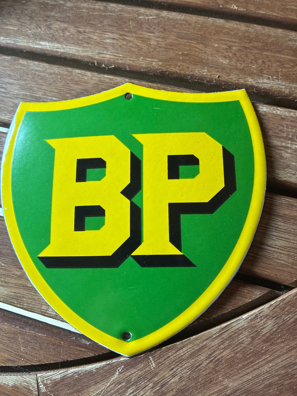 Vintage BP Emaille Schild - Groen en Geel, Ophalen of Verzenden