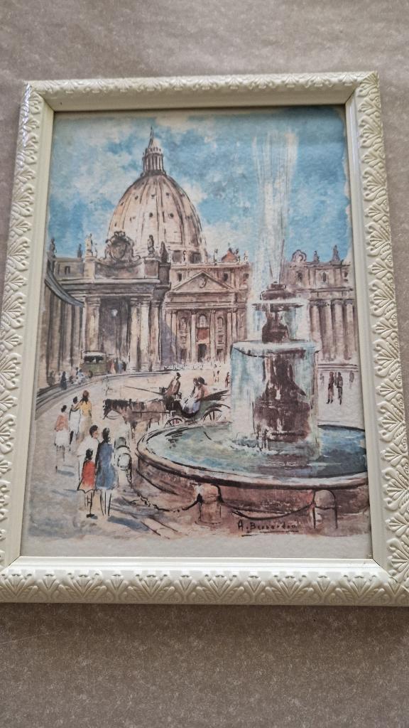 schilderij aquarel rome in lijst gesigneerd, Ophalen of Verzenden