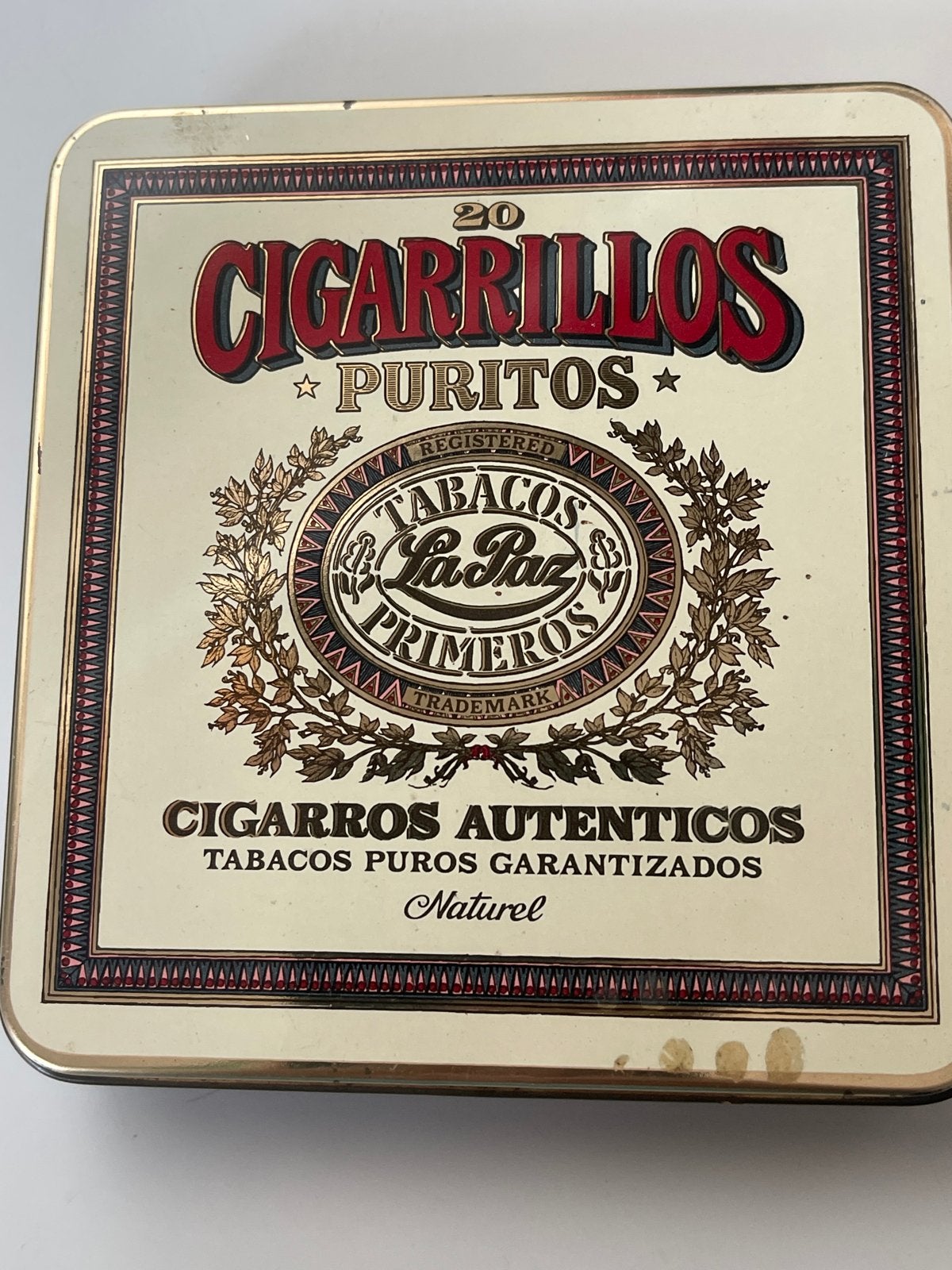 Vintage Tabaksdoos La Paz Primeros Cigarillos Puritos, Ophalen of Verzenden, Gebruikt, Tabaksdoos of Verpakking