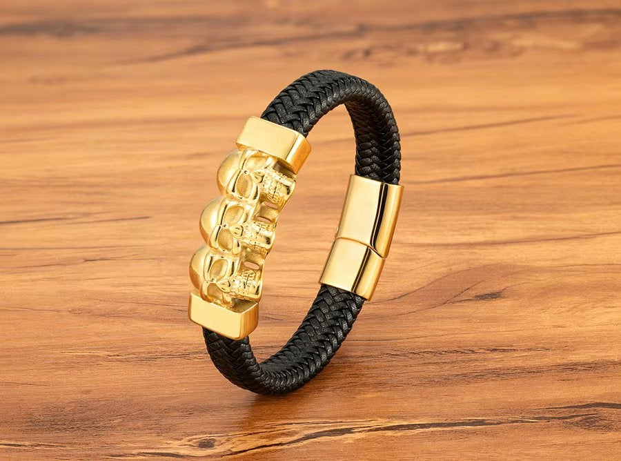 Zwarte Gouden Leren Doodskoppen Heren Armband, Verzenden, Nieuw, Zwart, Leer