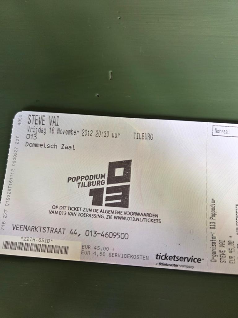 Concertkaart Steve Vai 013 Tilburg 2012, Ophalen of Verzenden, Zo goed als nieuw, Overige typen