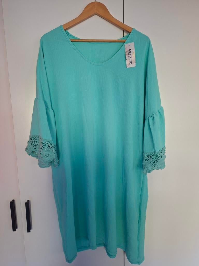 Turquoise tuniek / jurk met kanten mouwen 42-48, Ophalen of Verzenden, Zo goed als nieuw, Blauw, Jurk