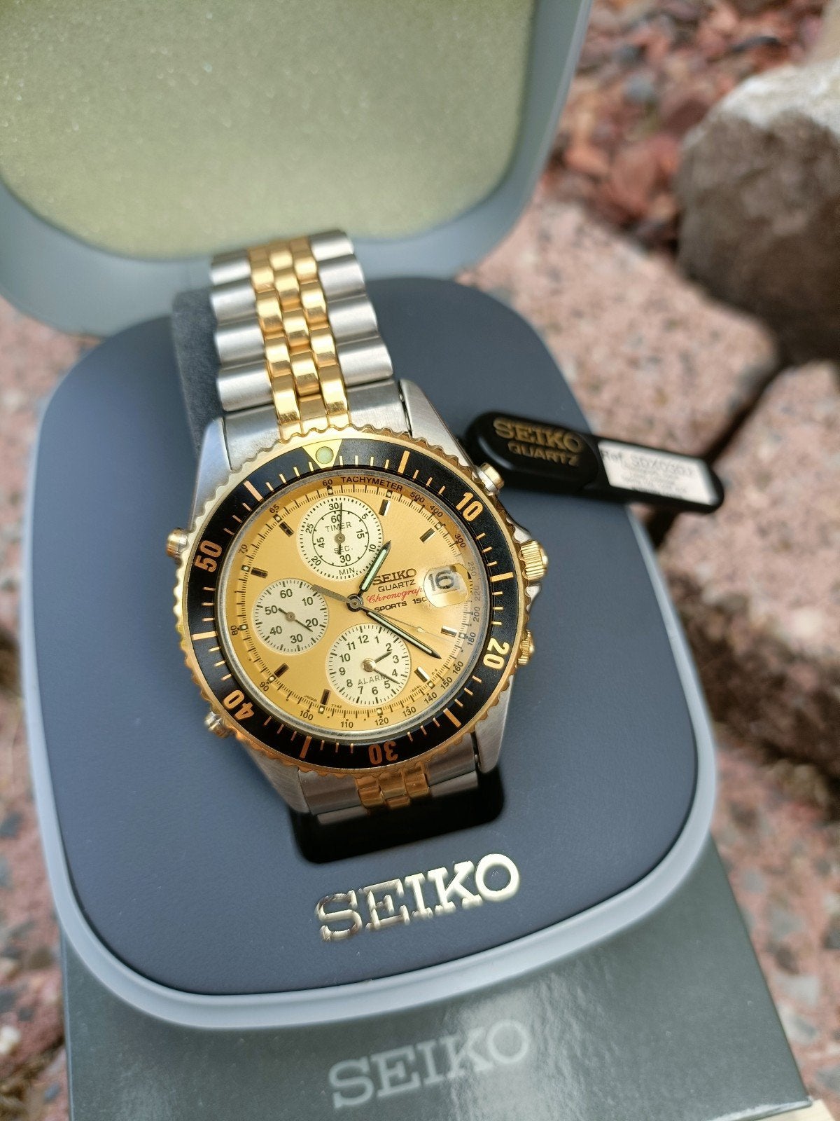 Vintage Heren Sporthorloge Seiko Chronograaf SQ150 Zie Fotos, Seiko, Verzenden, Zwart, IOS