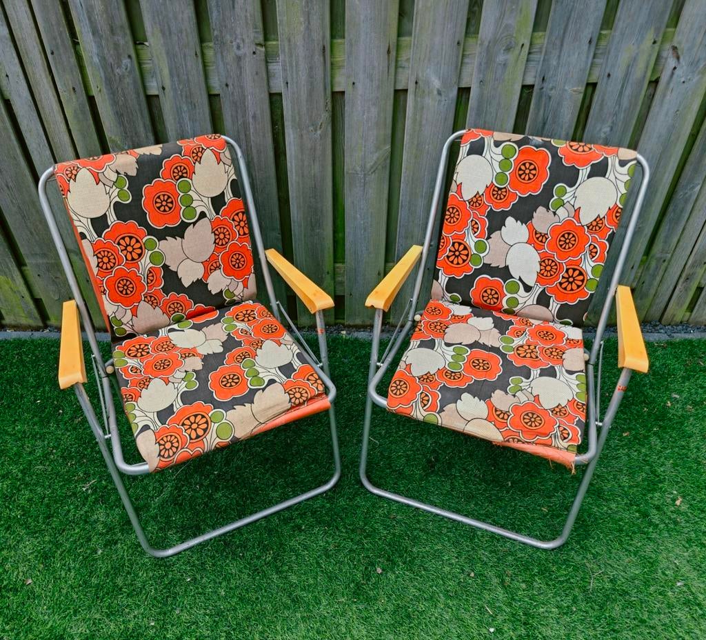 Vintage jaren '70 Sieger Bloemenstoelen - Retro Tuinstoelen, Ophalen, Gebruikt, Aluminium, Inklapbaar