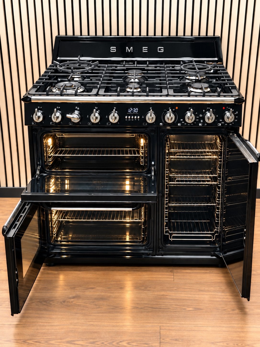 Luxe Smeg Fornuis zwart hoogglans Incl. Afzuigkap 90x65 cm, Witgoed en Apparatuur, Fornello Esperta, Ophalen of Verzenden, Zo goed als nieuw