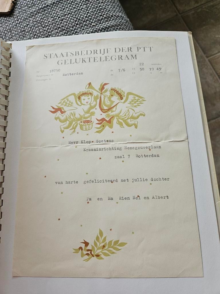 PTT Gelukstelegram Geboorte Dochter 1959, Ophalen of Verzenden, 1940 tot 1960, Gelopen