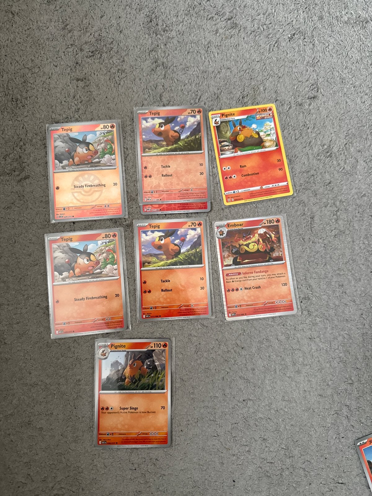 Pokémon kaarten: Tepig, Pignite en Emboar set, Ophalen of Verzenden, Gebruikt, Meerdere kaarten