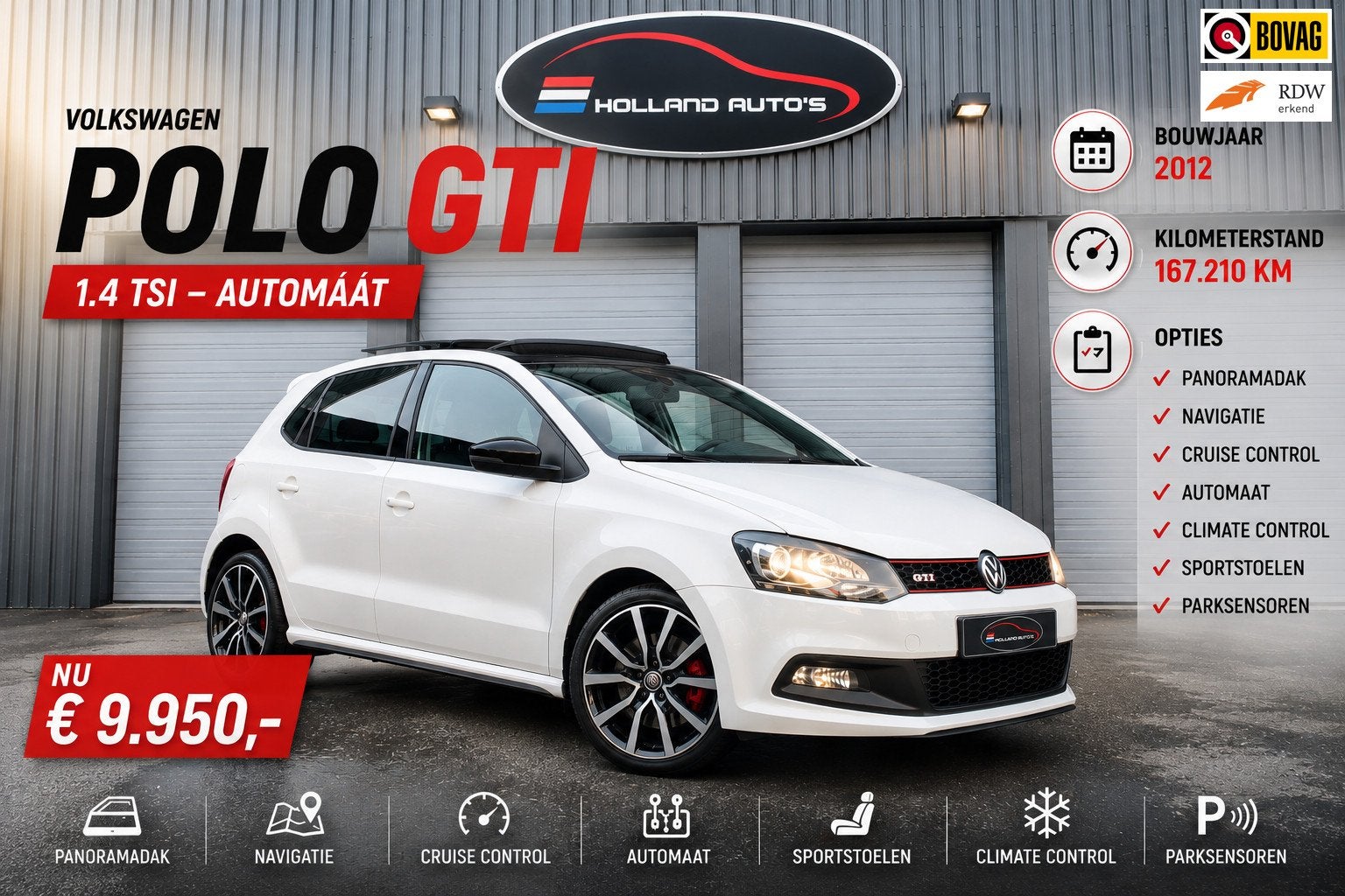 Volkswagen Polo 1.4 TSI GTI, Pano, Navi, Cruise Automaat, Auto's, Volkswagen, Zwart, 4 cilinders, Wit, Bedrijf