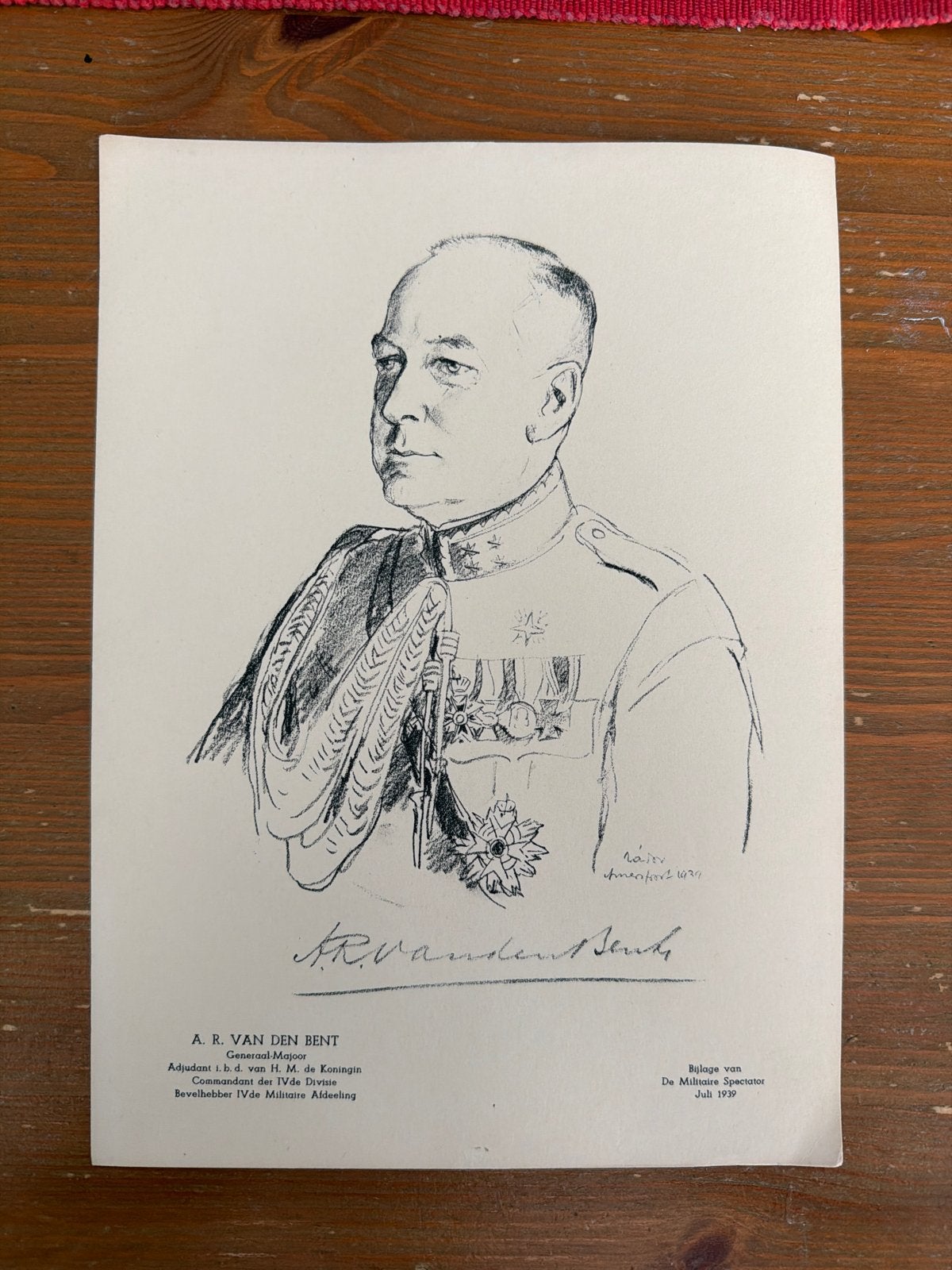 Portret Generaal-majoor Adrianus Rudolphus van den Bent, Ophalen of Verzenden, Print, Potloodtekening, Gesigneerd