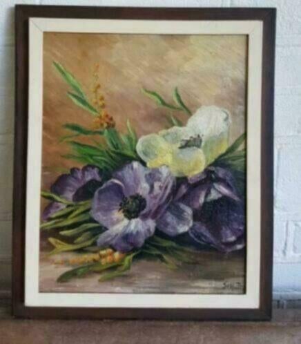 Olieverf schilderij anemonen gesigneerd Schuts, Antiek en Kunst, Kunst | Schilderijen | Klassiek, Ophalen