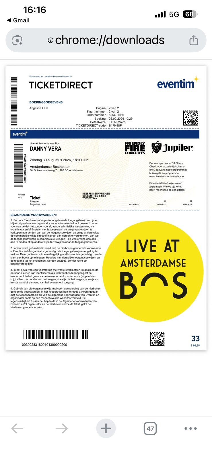 Concert Danny Vera 30 augustus 2026 Amsterdamse Bos, Tickets en Kaartjes, Twee personen, Augustus