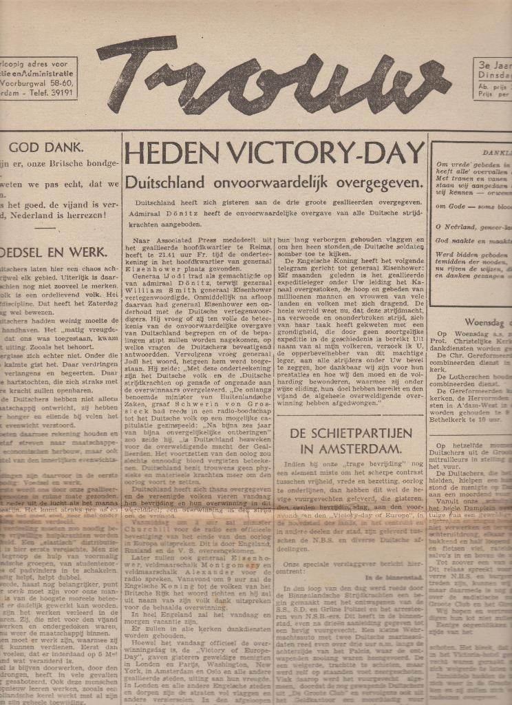 VRIJ 8 mei 1945 vrijheid na verzet oorlog krant trouw vrij, Verzamelen, Ophalen of Verzenden, 1940 tot 1960, Krant