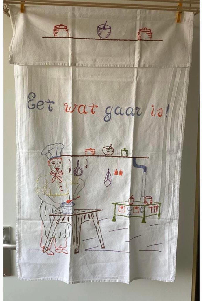 Vintage geborduurd overhanddoek "Eet wat gaar is!", Ophalen of Verzenden