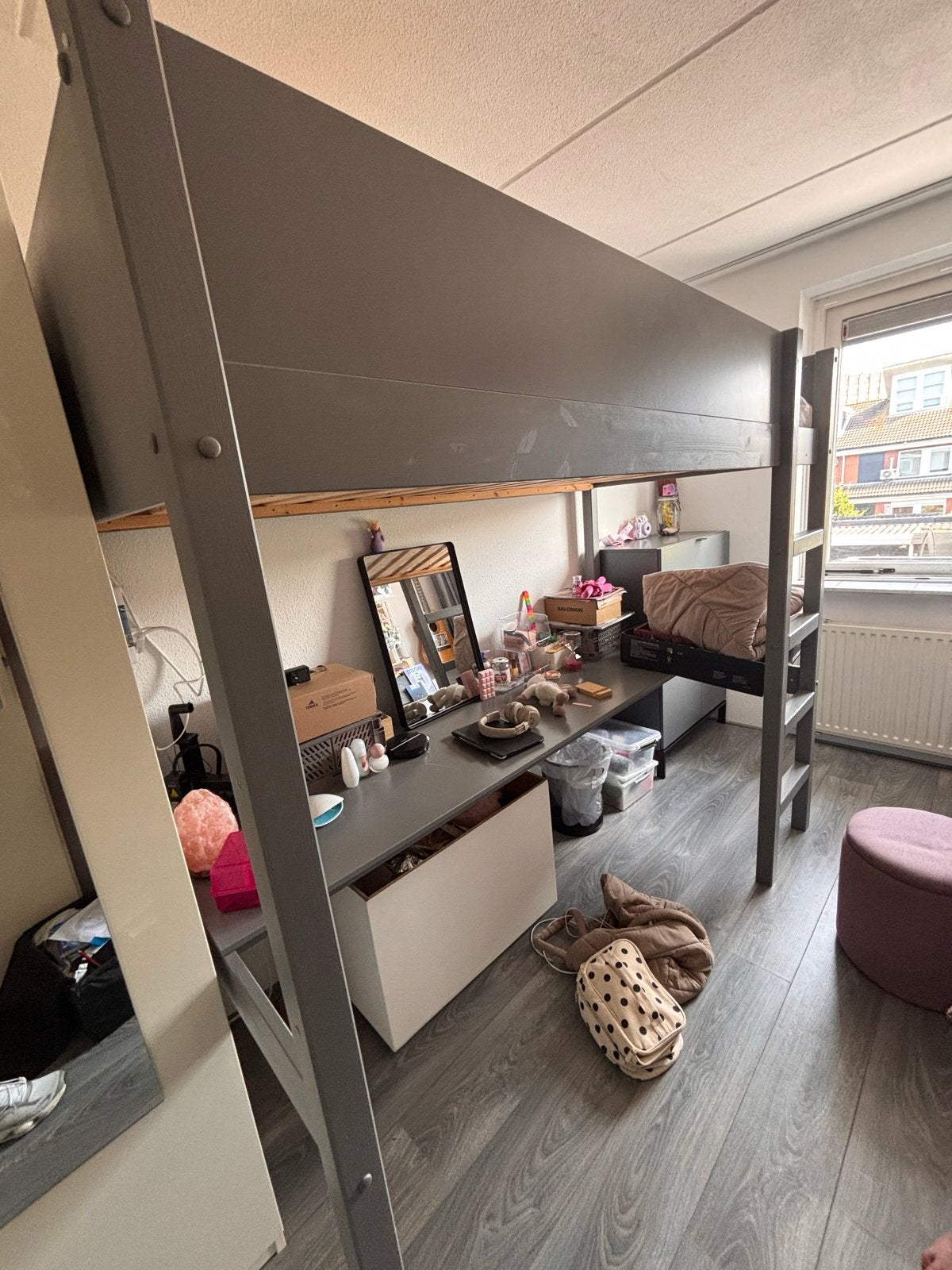 Grijze Hoogslaper (bed) met bureau, Ophalen, Gebruikt, Eenpersoons, 200 cm