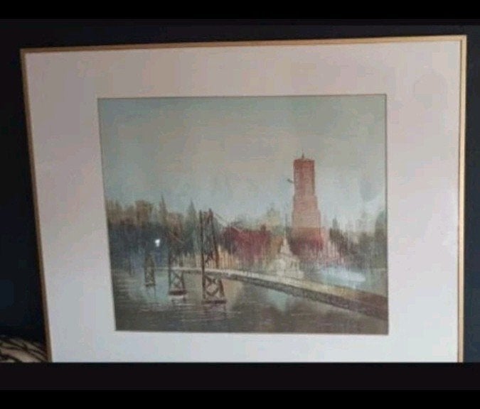 schilderij W Bonsall Stadsgezicht met brug en toren, ingelij, Ophalen of Verzenden