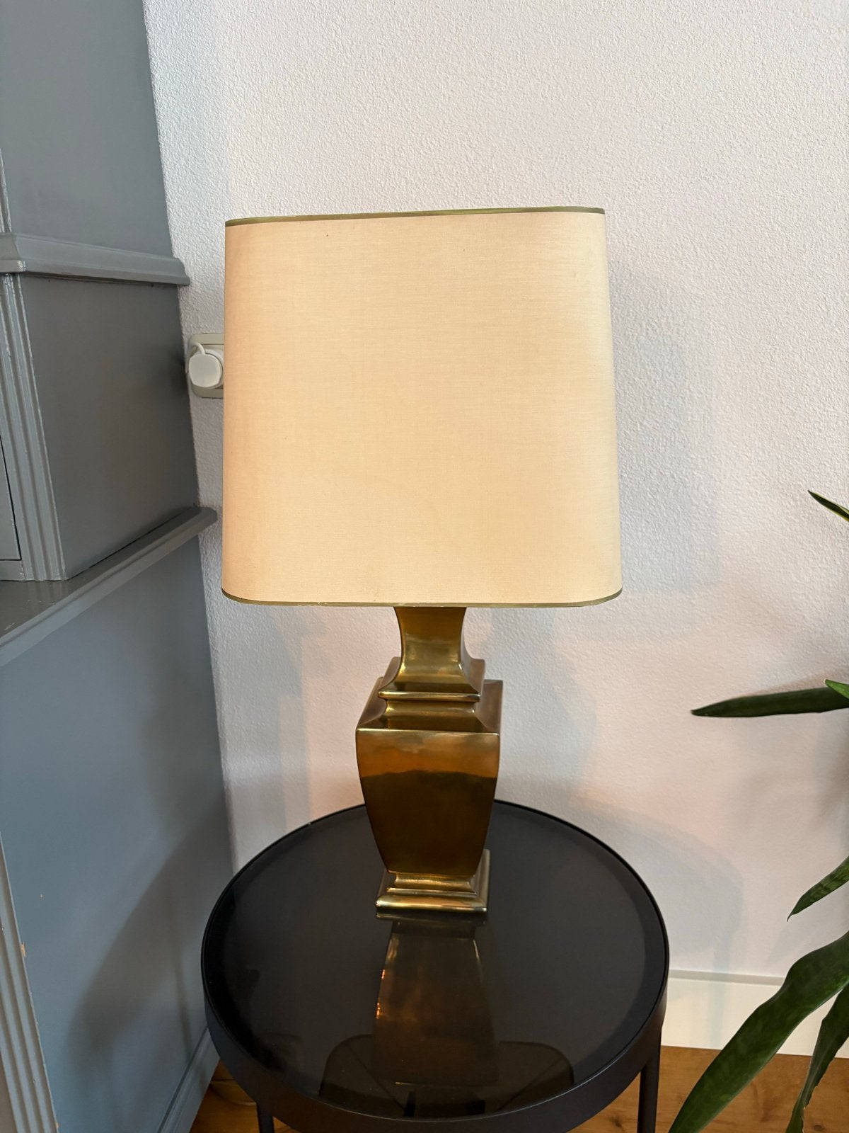 Vintage messing tafellamp met crèmekleurige kap, Antiek en Kunst, Ophalen
