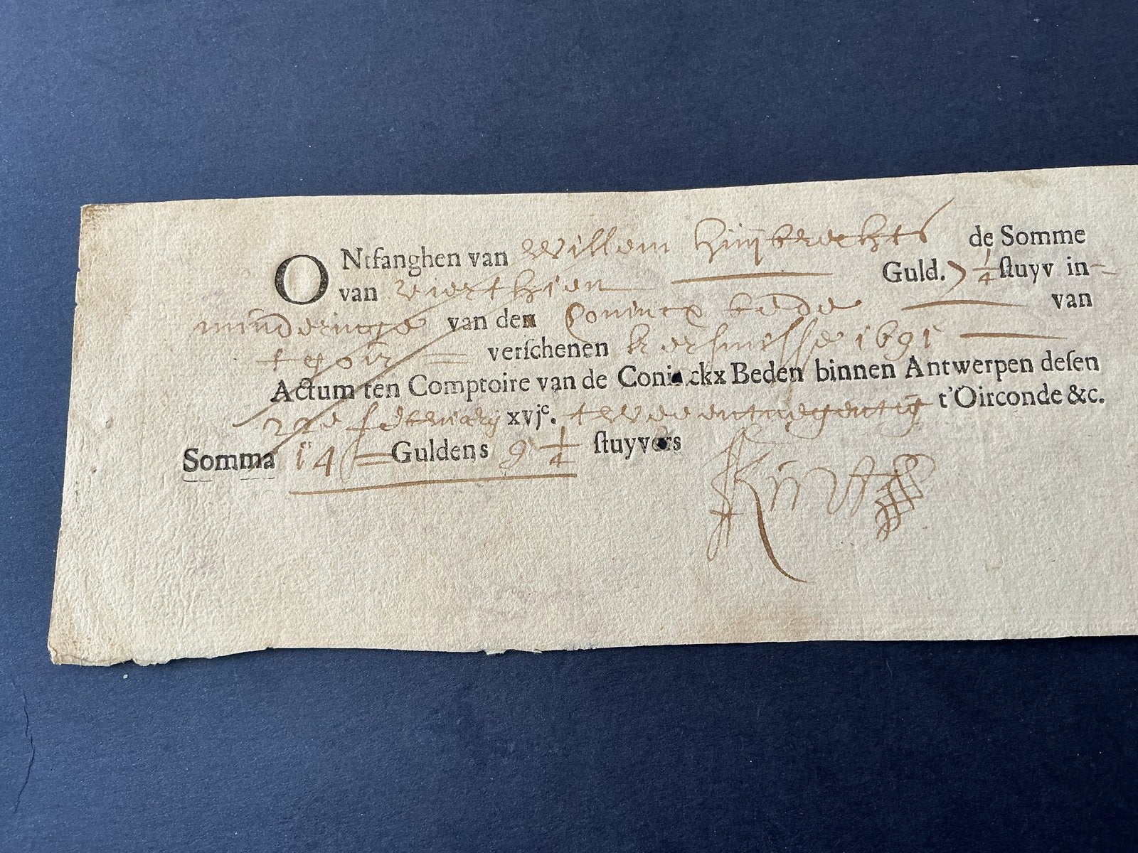 Oude geldbrief  document: Ontvangstbewijs Antwerpen 1691, Verzenden