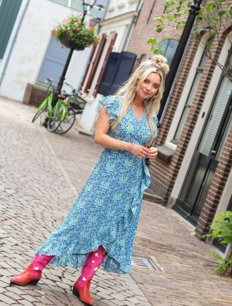 ambika Blauw Floral Bloemen Jurk Maat S - Als Nieuw, Blauw, Ophalen of Verzenden, Zo goed als nieuw, Maat 36 (S)