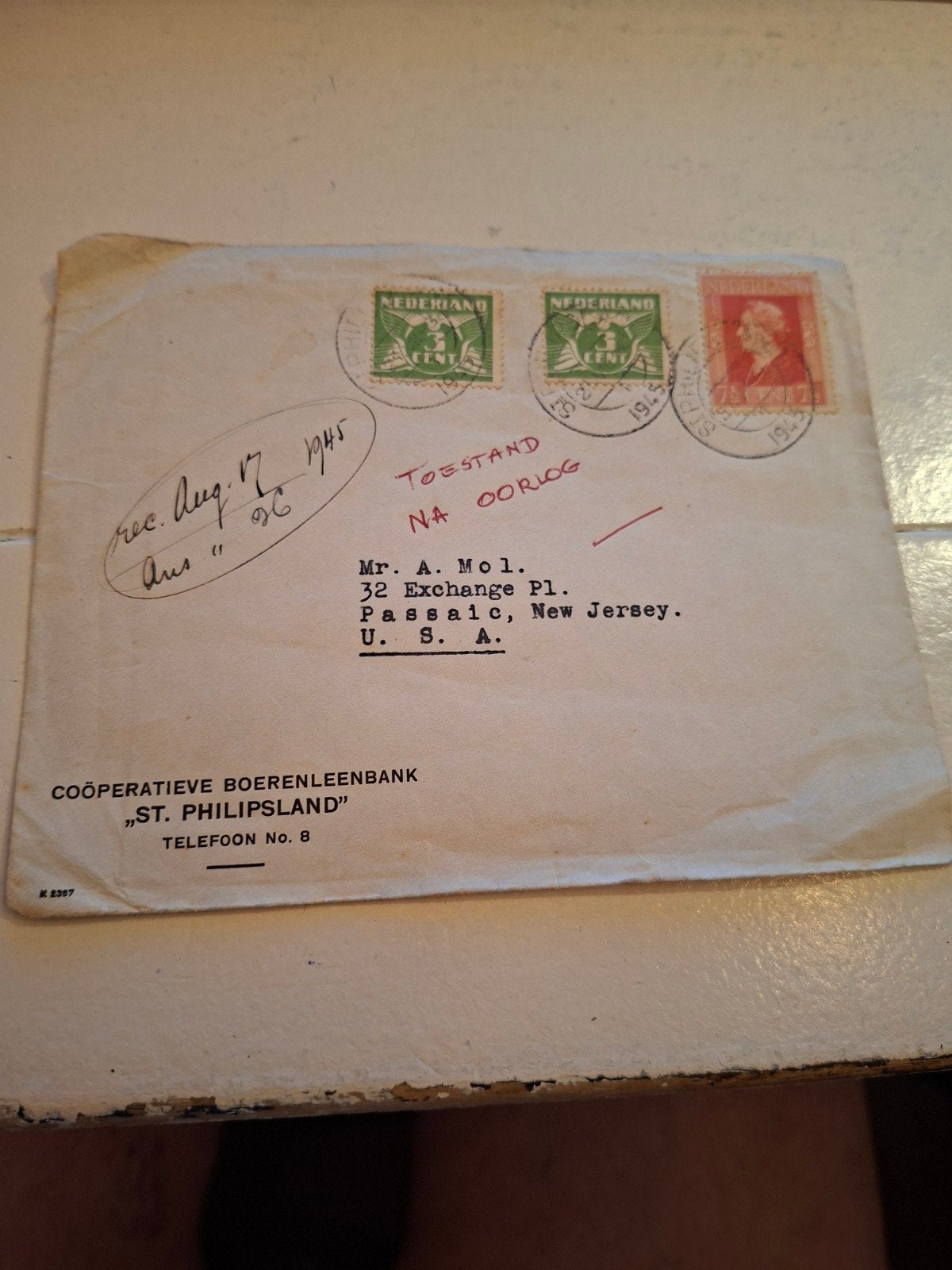 enveloppe met 3 postzegels 2x 3 cent en 7.5 Wilhelmina 1945, Ophalen of Verzenden, Na 1940, Gestempeld