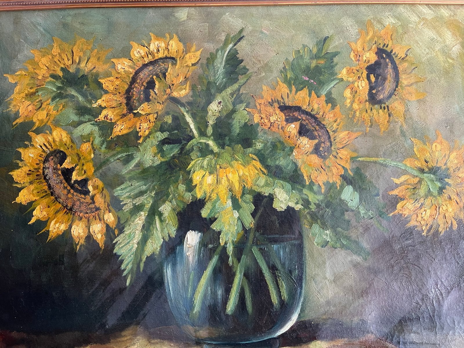 Olieverfschilderij Zonnebloemen in Vaas - Gesigneerd, Bloemen, Doek, Realistisch, Ophalen of Verzenden