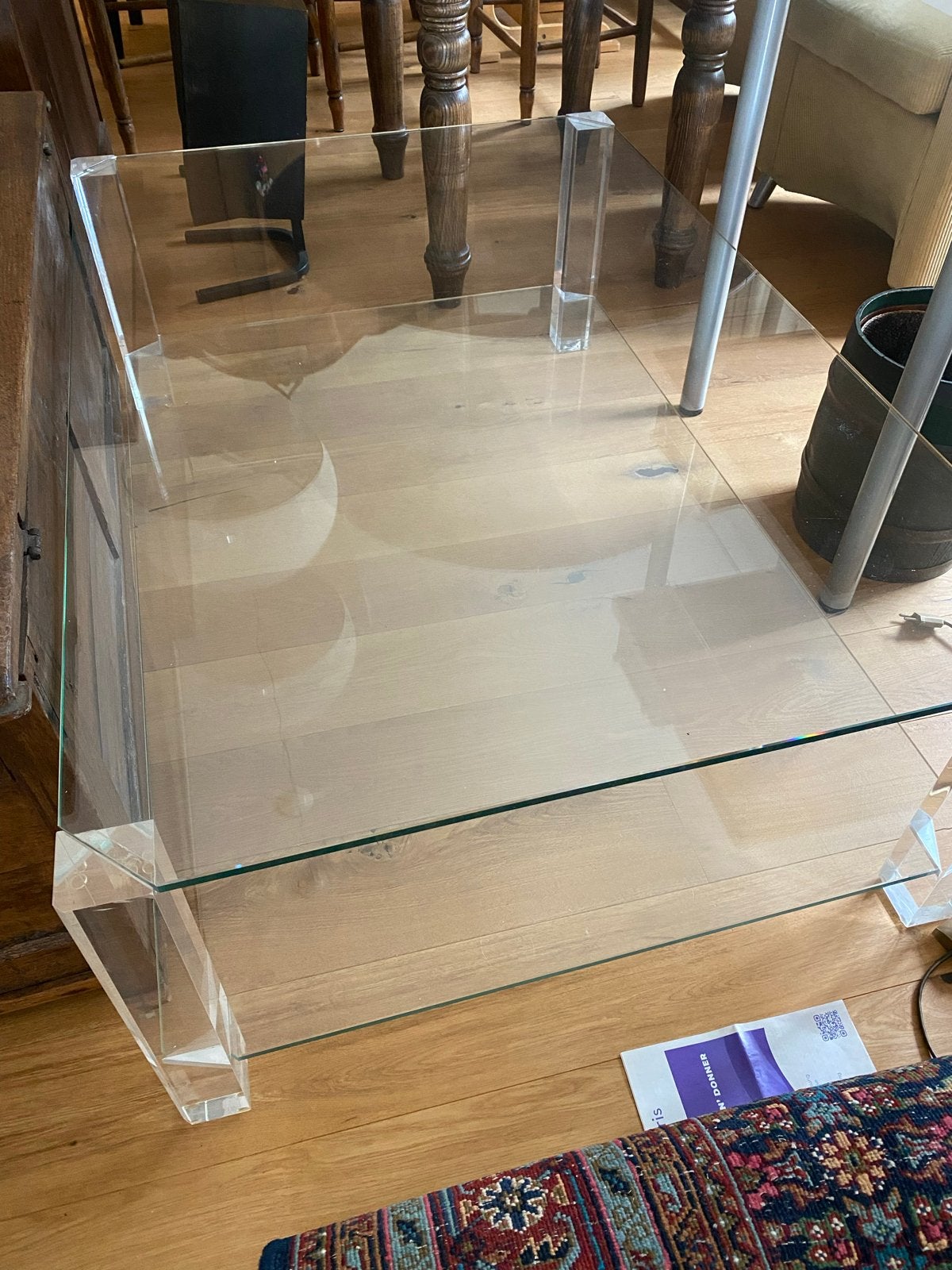 Glazen salontafel met plexiglas poten, Gebruikt, 100 tot 150 cm, Glas, 50 tot 100 cm